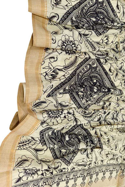 Black And White Hand Painted Kalamkari Pure Bangalore Silk Dupatta - Luxurion World