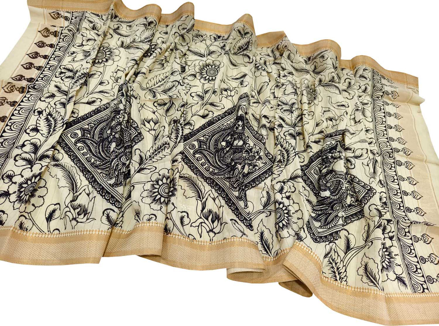 Black And White Hand Painted Kalamkari Pure Bangalore Silk Dupatta - Luxurion World