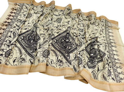 Black And White Hand Painted Kalamkari Pure Bangalore Silk Dupatta - Luxurion World