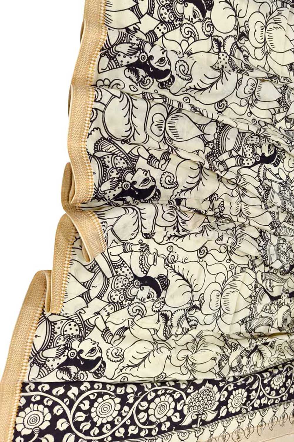 Black And White Hand Painted Kalamkari Pure Bangalore Silk Dupatta - Luxurion World
