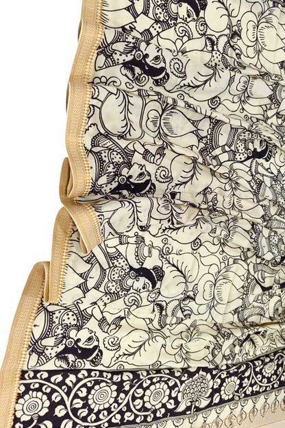 Black And White Hand Painted Kalamkari Pure Bangalore Silk Dupatta - Luxurion World