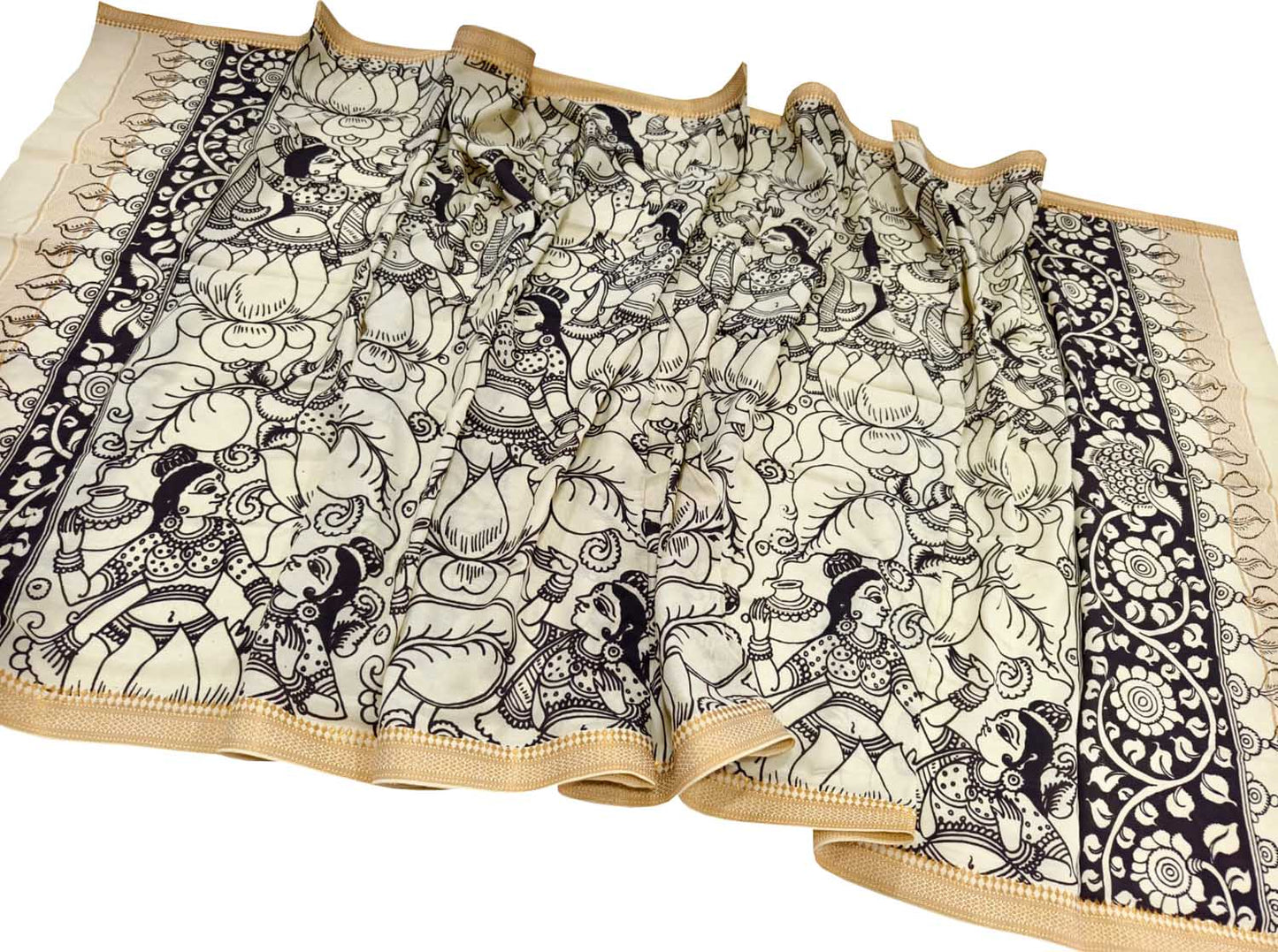 Black And White Hand Painted Kalamkari Pure Bangalore Silk Dupatta - Luxurion World