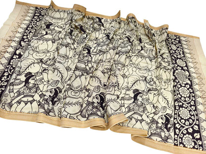 Black And White Hand Painted Kalamkari Pure Bangalore Silk Dupatta - Luxurion World