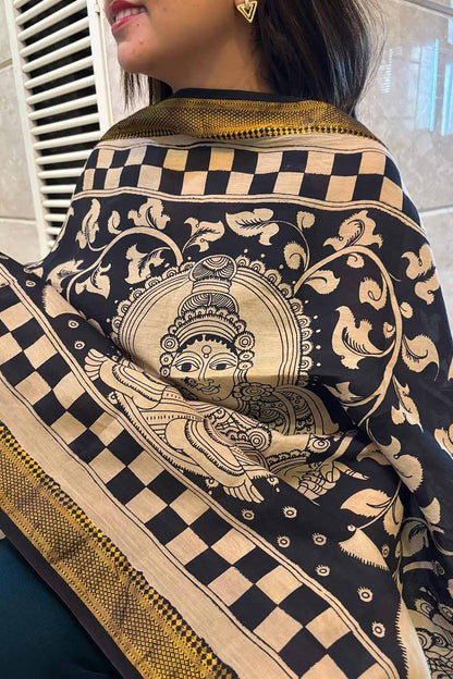 Black And White Hand Painted Kalamkari Pure Bangalore Silk Dupatta - Luxurion World
