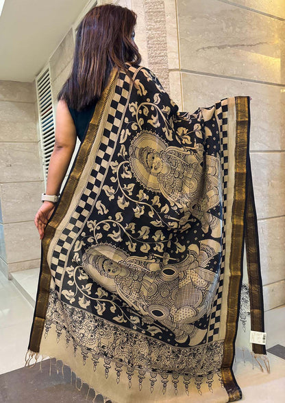 Black And White Hand Painted Kalamkari Pure Bangalore Silk Dupatta - Luxurion World