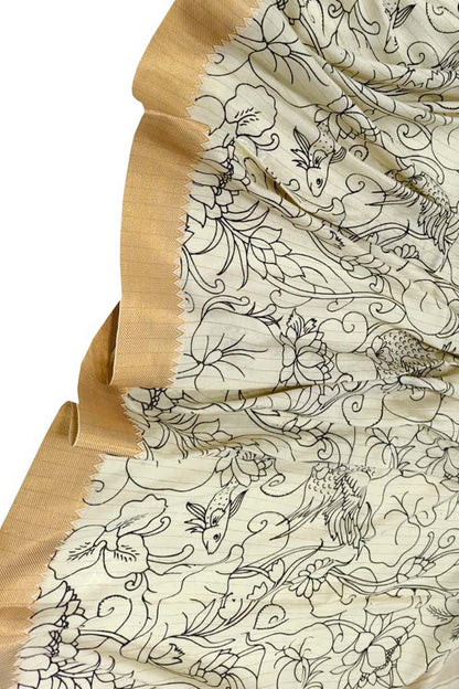 Black And White Hand Painted Kalamkari Pure Bangalore Silk Dupatta - Luxurion World