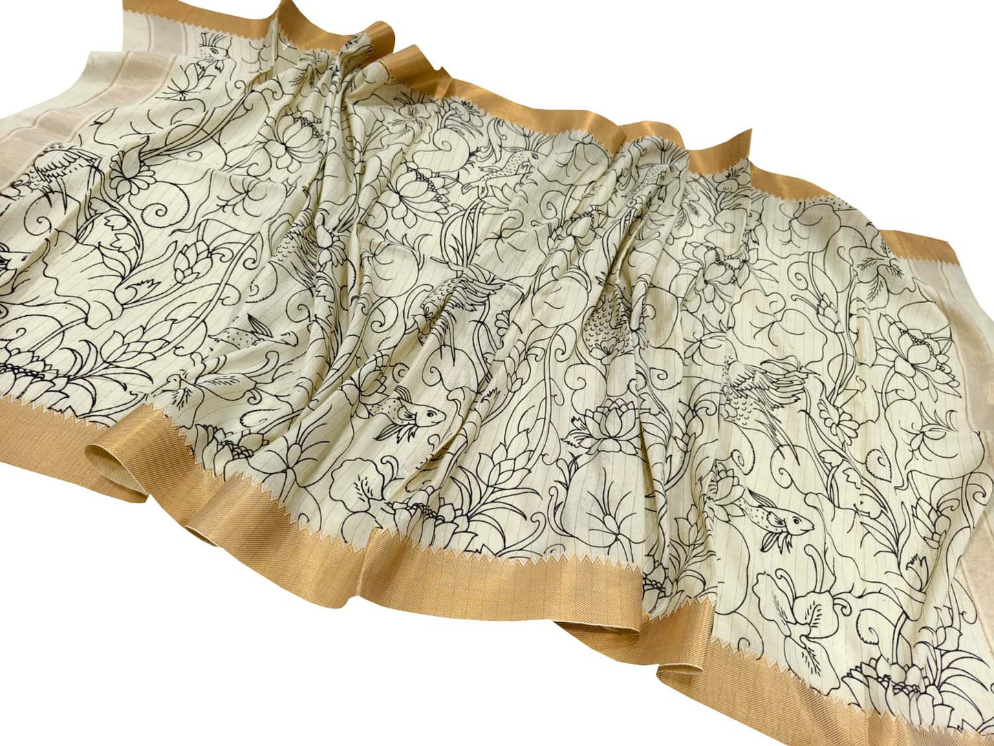 Black And White Hand Painted Kalamkari Pure Bangalore Silk Dupatta - Luxurion World