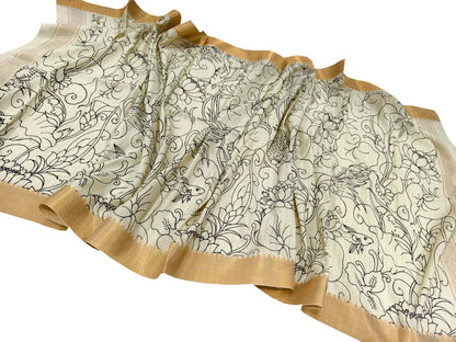Black And White Hand Painted Kalamkari Pure Bangalore Silk Dupatta - Luxurion World
