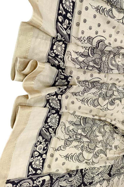 Black And White Hand Painted Kalamkari Pure Bangalore Silk Dupatta - Luxurion World