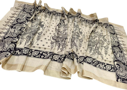 Black And White Hand Painted Kalamkari Pure Bangalore Silk Dupatta - Luxurion World