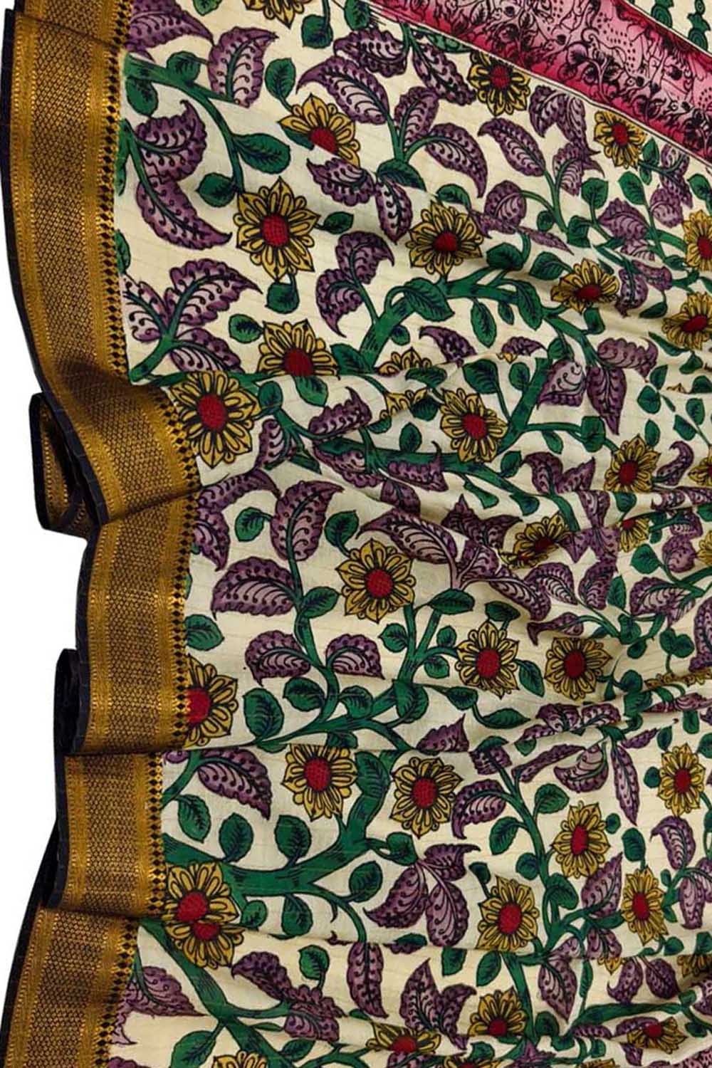 Multicolor Hand Painted Kalamkari Pure Bangalore Silk Flower Design Dupatta - Luxurion World