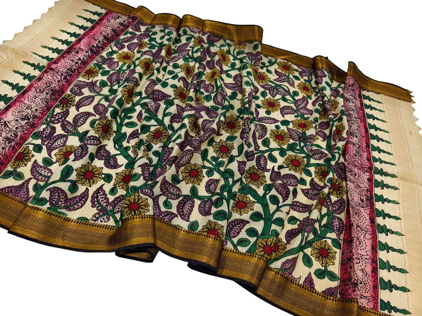 Multicolor Hand Painted Kalamkari Pure Bangalore Silk Flower Design Dupatta - Luxurion World