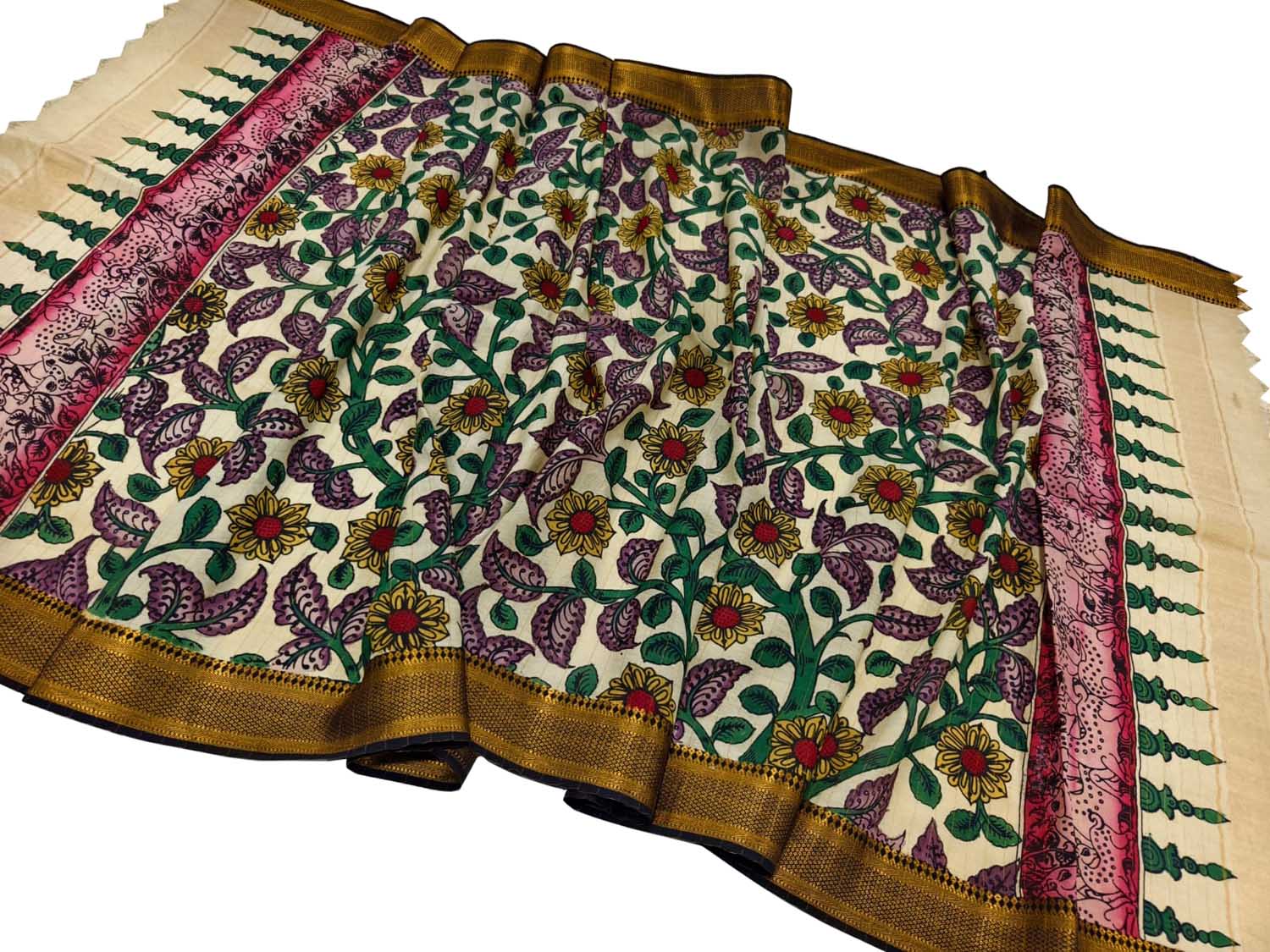 Multicolor Hand Painted Kalamkari Pure Bangalore Silk Flower Design Dupatta - Luxurion World