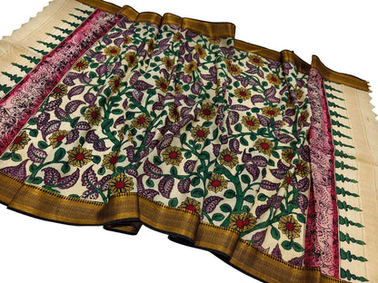 Multicolor Hand Painted Kalamkari Pure Bangalore Silk Flower Design Dupatta - Luxurion World