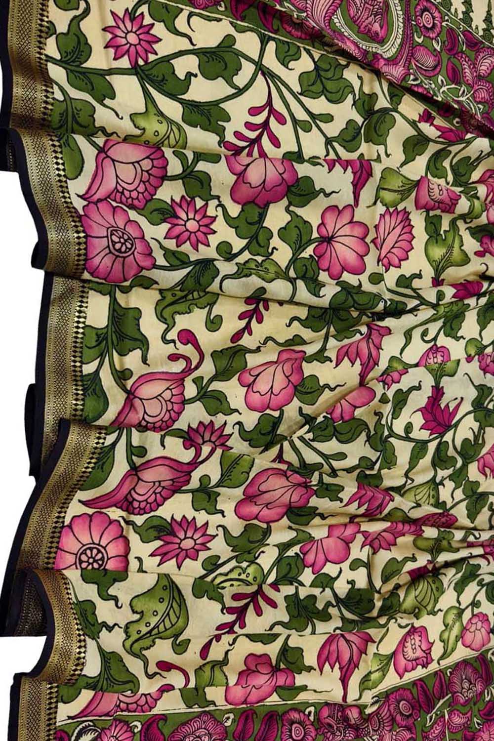 Multicolor Hand Painted Kalamkari Pure Bangalore Silk Flower Design Dupatta - Luxurion World