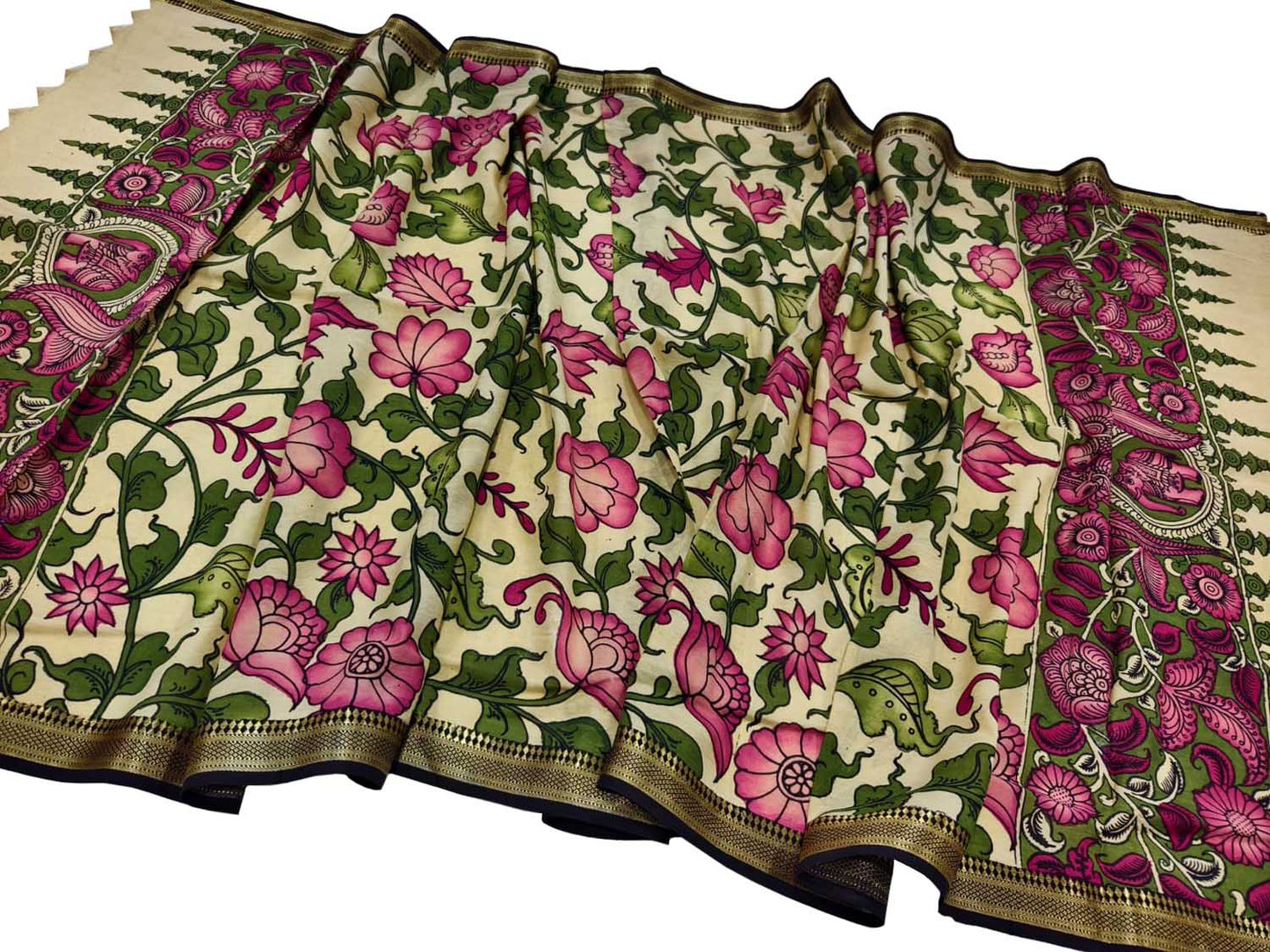Multicolor Hand Painted Kalamkari Pure Bangalore Silk Flower Design Dupatta - Luxurion World