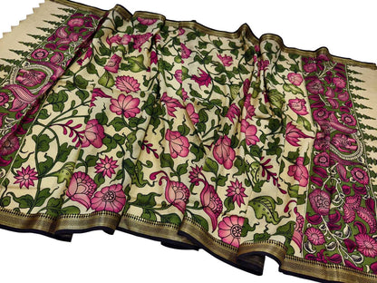 Multicolor Hand Painted Kalamkari Pure Bangalore Silk Flower Design Dupatta - Luxurion World