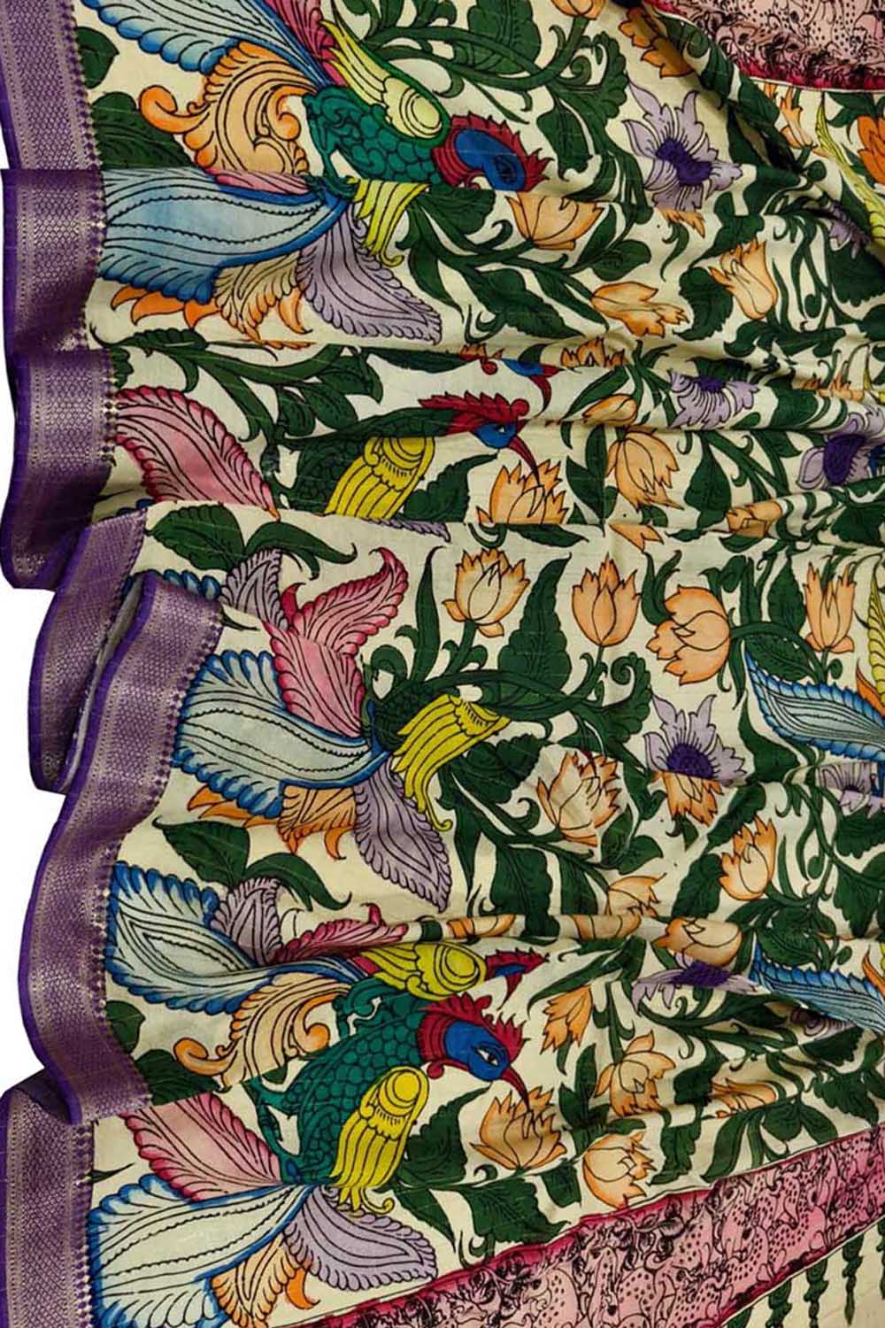 Multicolor Hand Painted Kalamkari Pure Bangalore Silk Flower Design Dupatta - Luxurion World