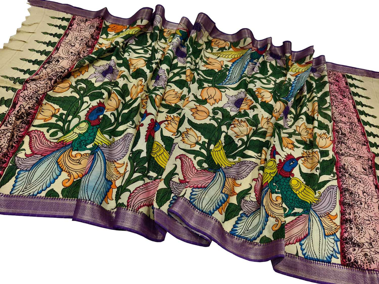 Multicolor Hand Painted Kalamkari Pure Bangalore Silk Flower Design Dupatta - Luxurion World