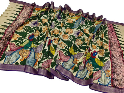 Multicolor Hand Painted Kalamkari Pure Bangalore Silk Flower Design Dupatta - Luxurion World