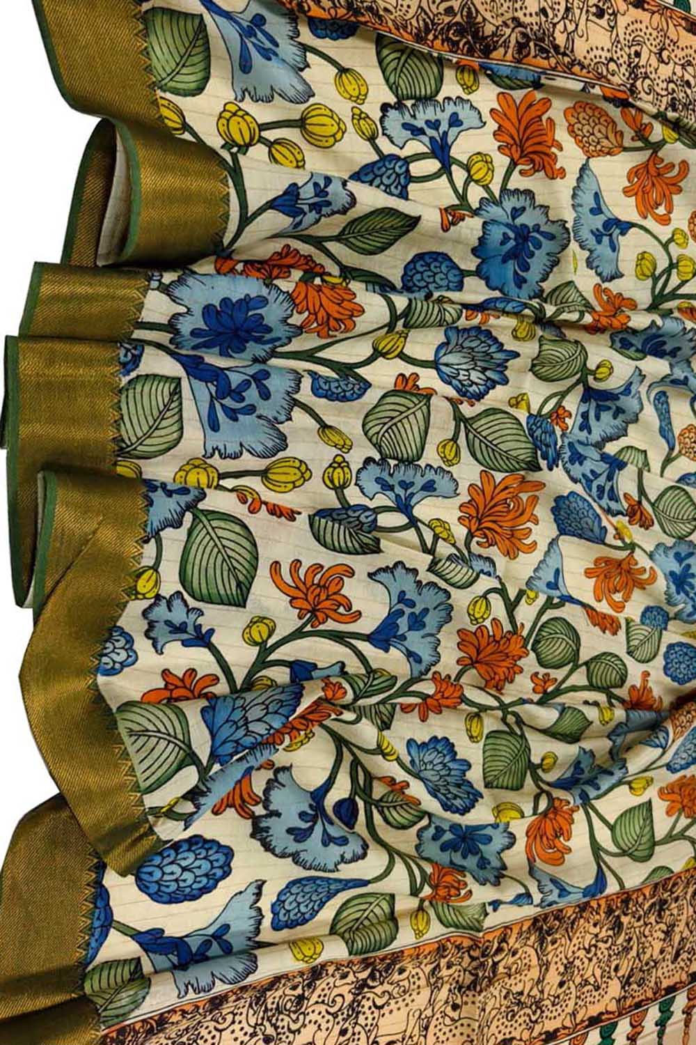 Multicolor Hand Painted Kalamkari Pure Bangalore Silk Flower Design Dupatta - Luxurion World