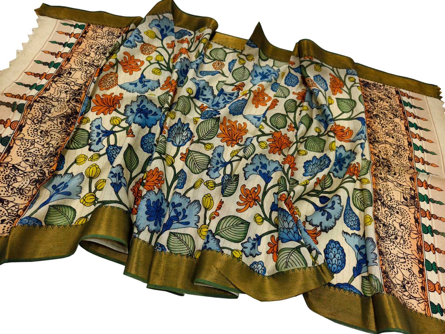 Multicolor Hand Painted Kalamkari Pure Bangalore Silk Flower Design Dupatta - Luxurion World