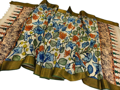 Multicolor Hand Painted Kalamkari Pure Bangalore Silk Flower Design Dupatta - Luxurion World