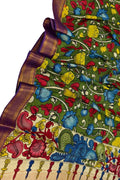Green Hand Painted Kalamkari Pure Bangalore Silk Flower Design Dupatta - Luxurion World