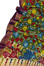 Green Hand Painted Kalamkari Pure Bangalore Silk Flower Design Dupatta - Luxurion World