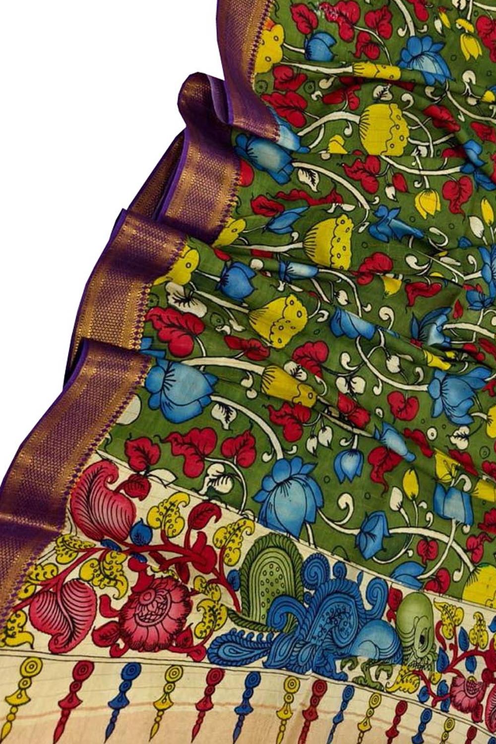 Green Hand Painted Kalamkari Pure Bangalore Silk Flower Design Dupatta - Luxurion World