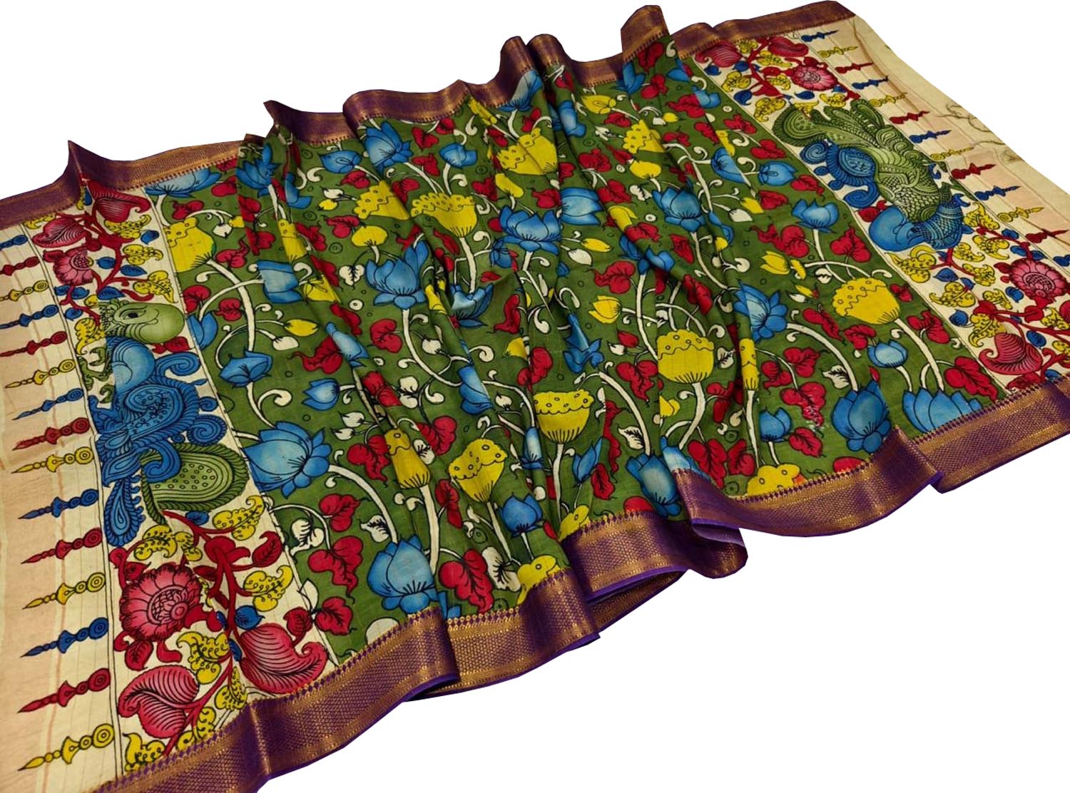 Green Hand Painted Kalamkari Pure Bangalore Silk Flower Design Dupatta - Luxurion World