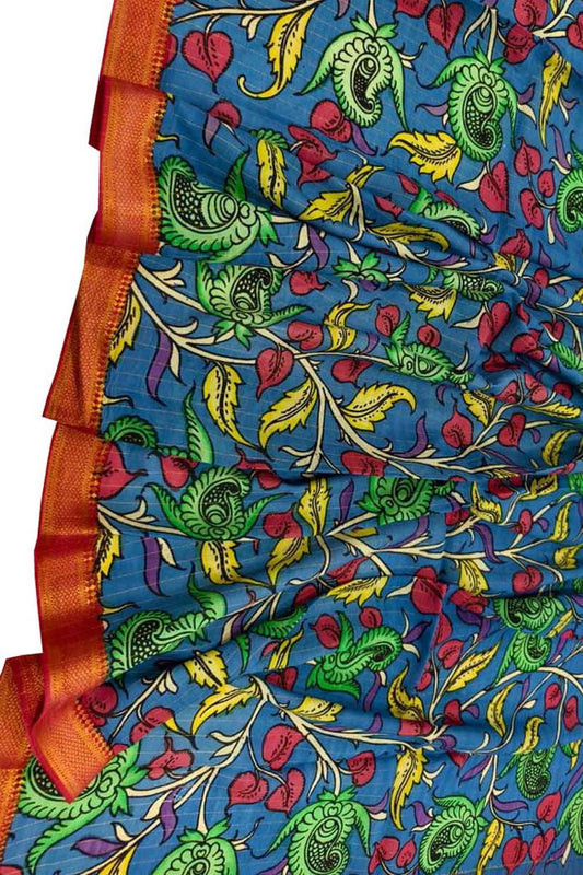 Blue Hand Painted Kalamkari Pure Bangalore Silk Dupatta - Luxurion World