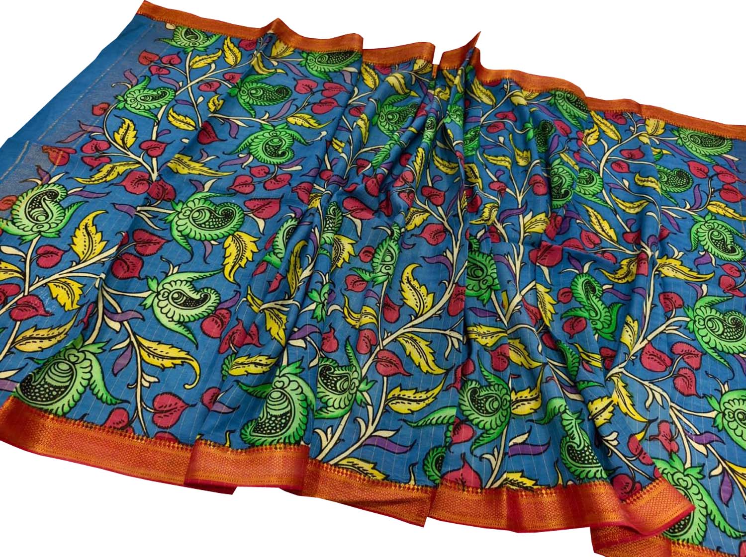 Blue Hand Painted Kalamkari Pure Bangalore Silk Dupatta - Luxurion World