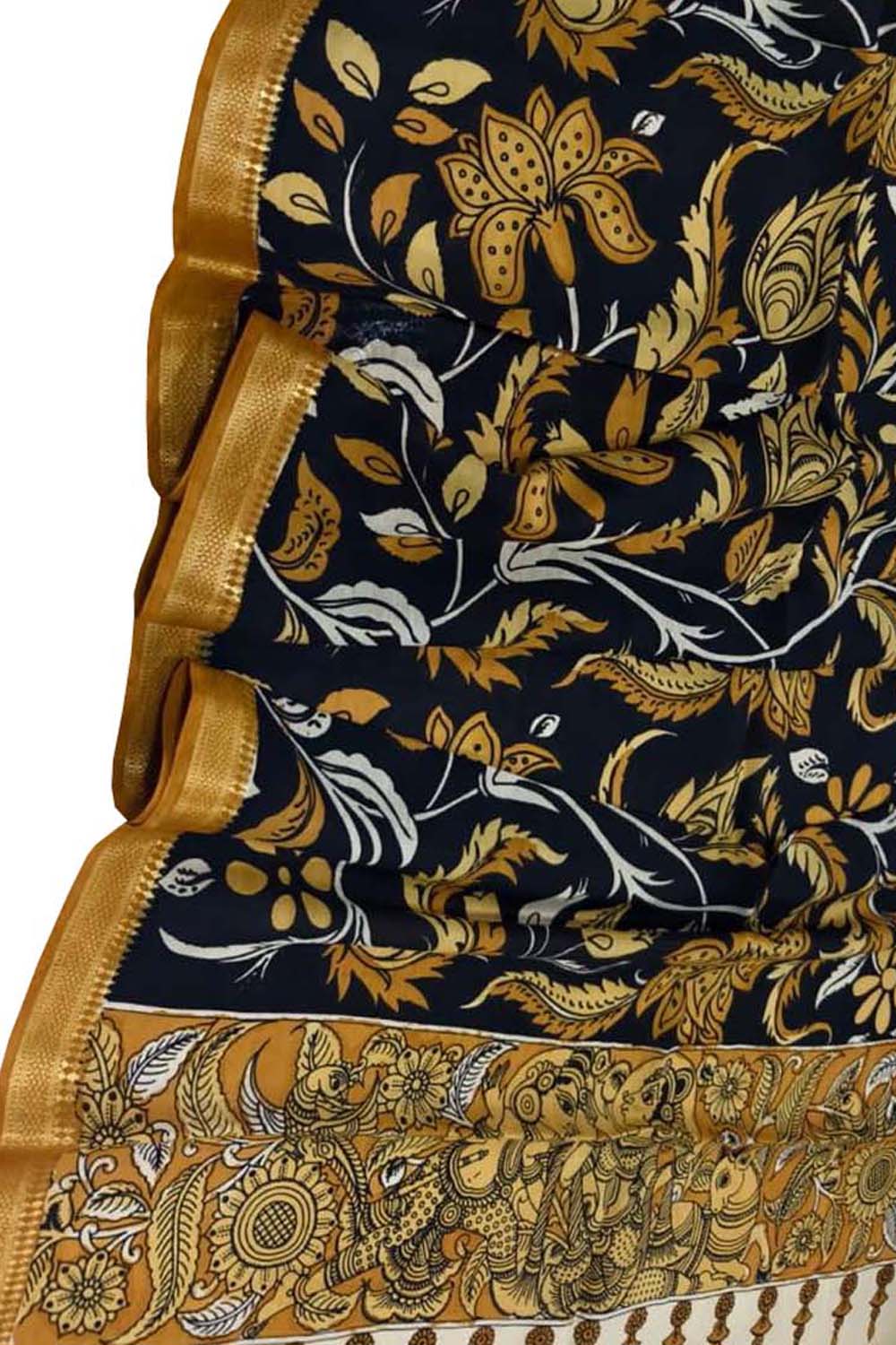 Black Hand Painted Kalamkari Pure Bangalore Silk Dupatta - Luxurion World