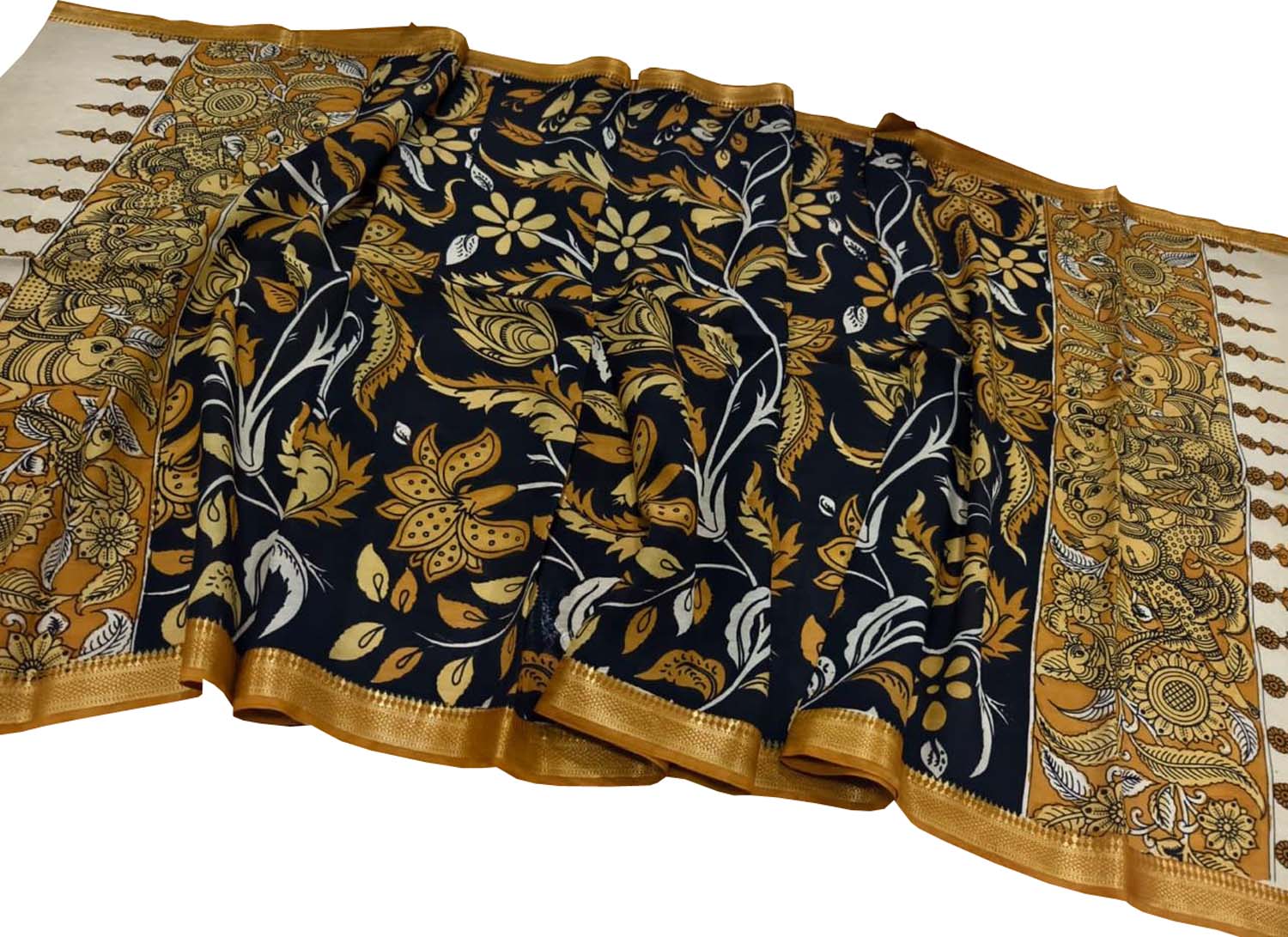 Black Hand Painted Kalamkari Pure Bangalore Silk Dupatta - Luxurion World