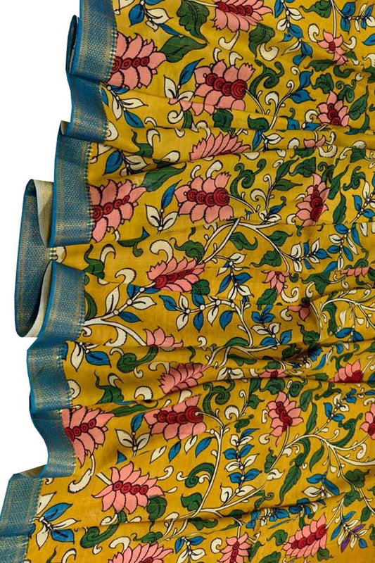 Yellow Hand Painted Kalamkari Pure Bangalore Silk Dupatta - Luxurion World