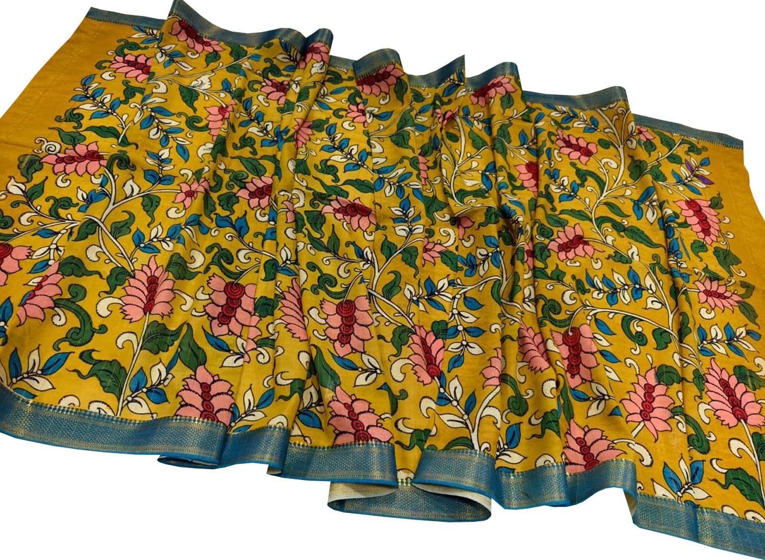 Yellow Hand Painted Kalamkari Pure Bangalore Silk Dupatta - Luxurion World