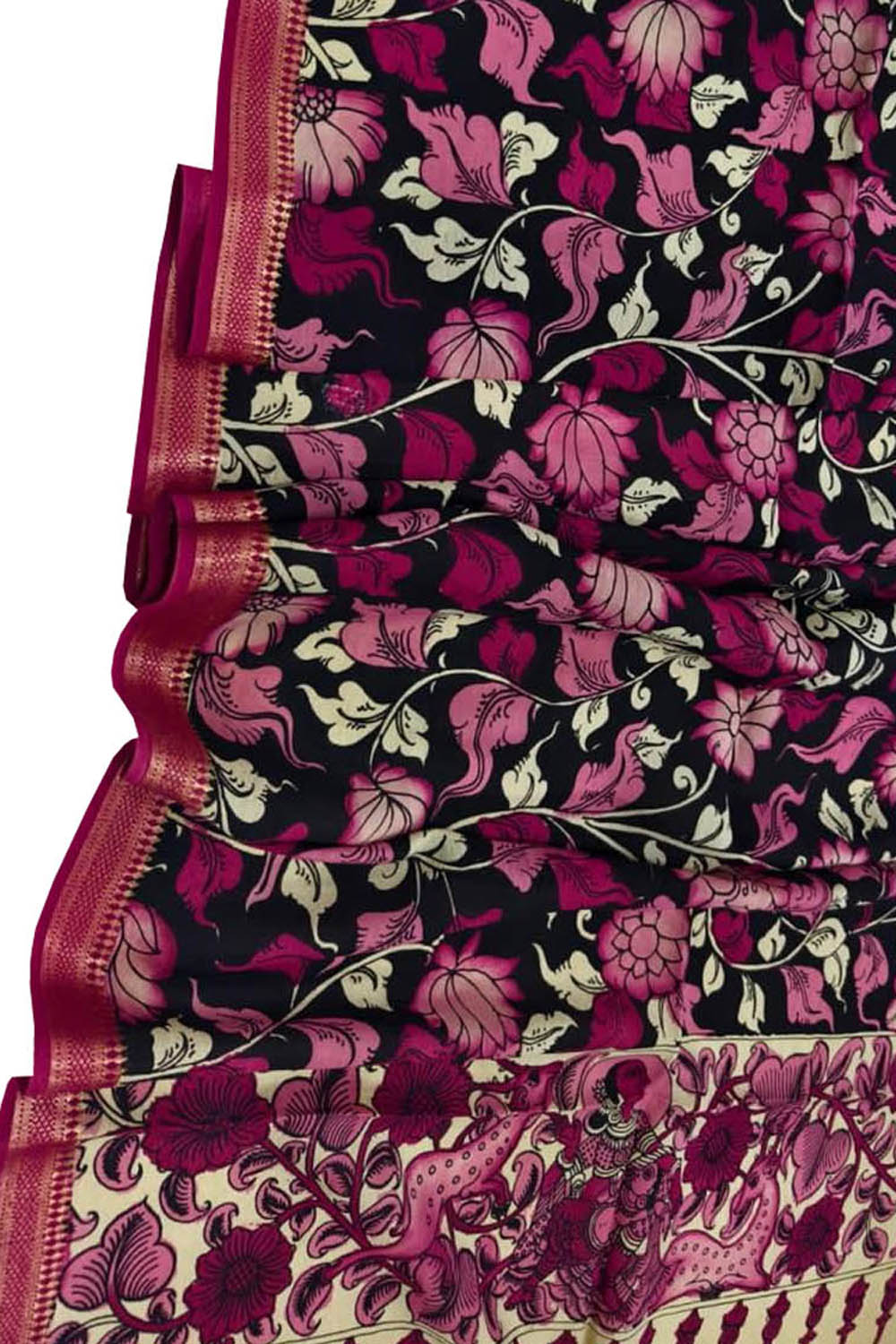 Black Hand Painted Kalamkari Pure Bangalore Silk Dupatta - Luxurion World