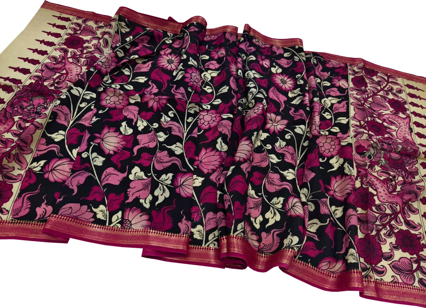 Black Hand Painted Kalamkari Pure Bangalore Silk Dupatta - Luxurion World