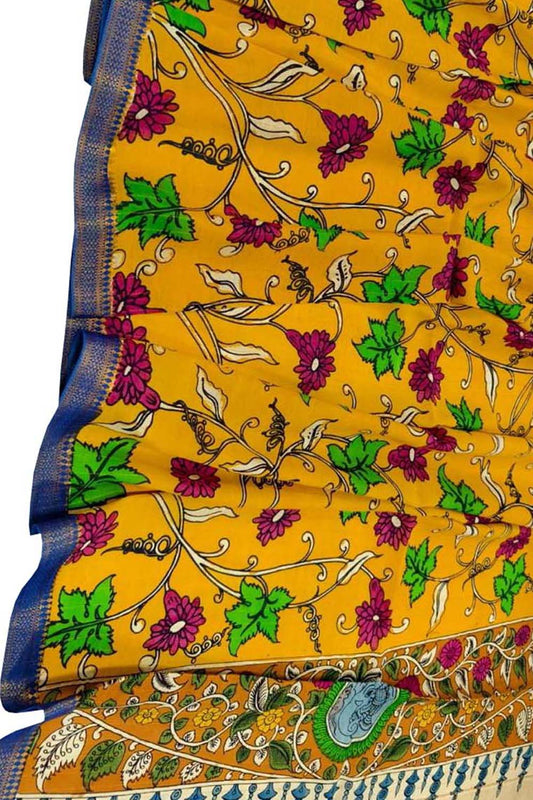 Yellow Hand Painted Kalamkari Pure Bangalore Silk Flower Design Dupatta - Luxurion World
