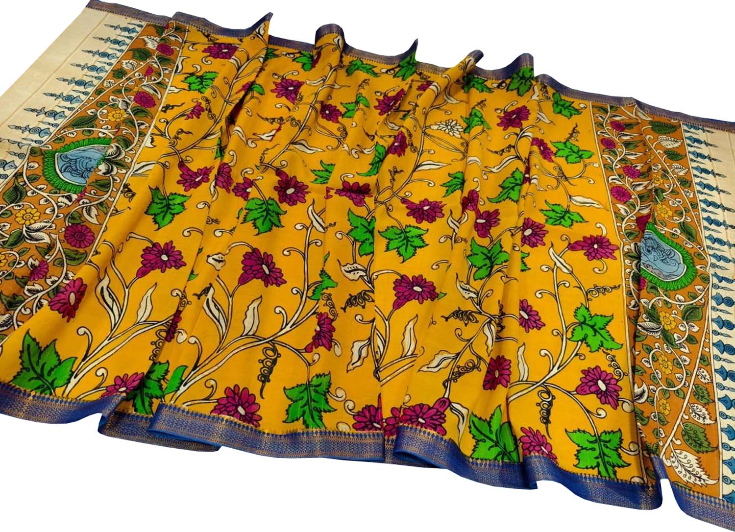 Yellow Hand Painted Kalamkari Pure Bangalore Silk Flower Design Dupatta - Luxurion World