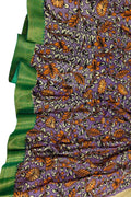 Purple Hand Painted Kalamkari Pure Bangalore Silk Flower Design Dupatta - Luxurion World