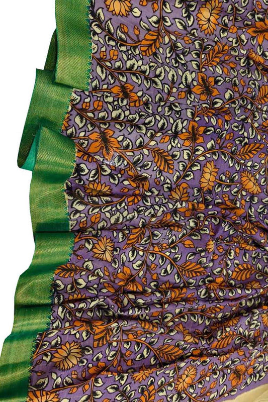 Purple Hand Painted Kalamkari Pure Bangalore Silk Flower Design Dupatta - Luxurion World