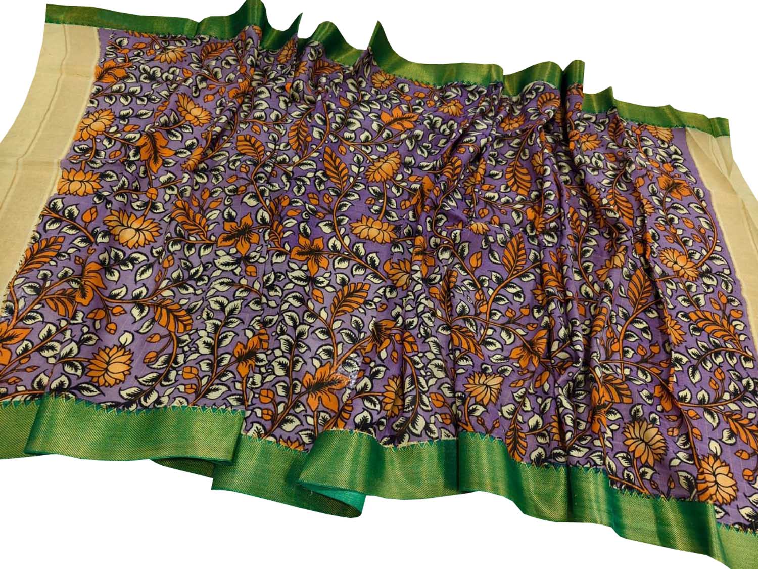 Purple Hand Painted Kalamkari Pure Bangalore Silk Flower Design Dupatta - Luxurion World