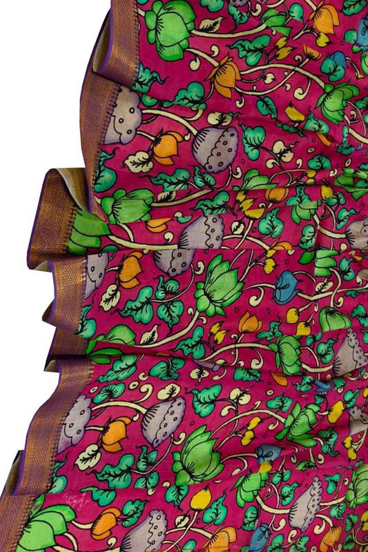 Pink Hand Painted Kalamkari Pure Bangalore Silk Dupatta - Luxurion World