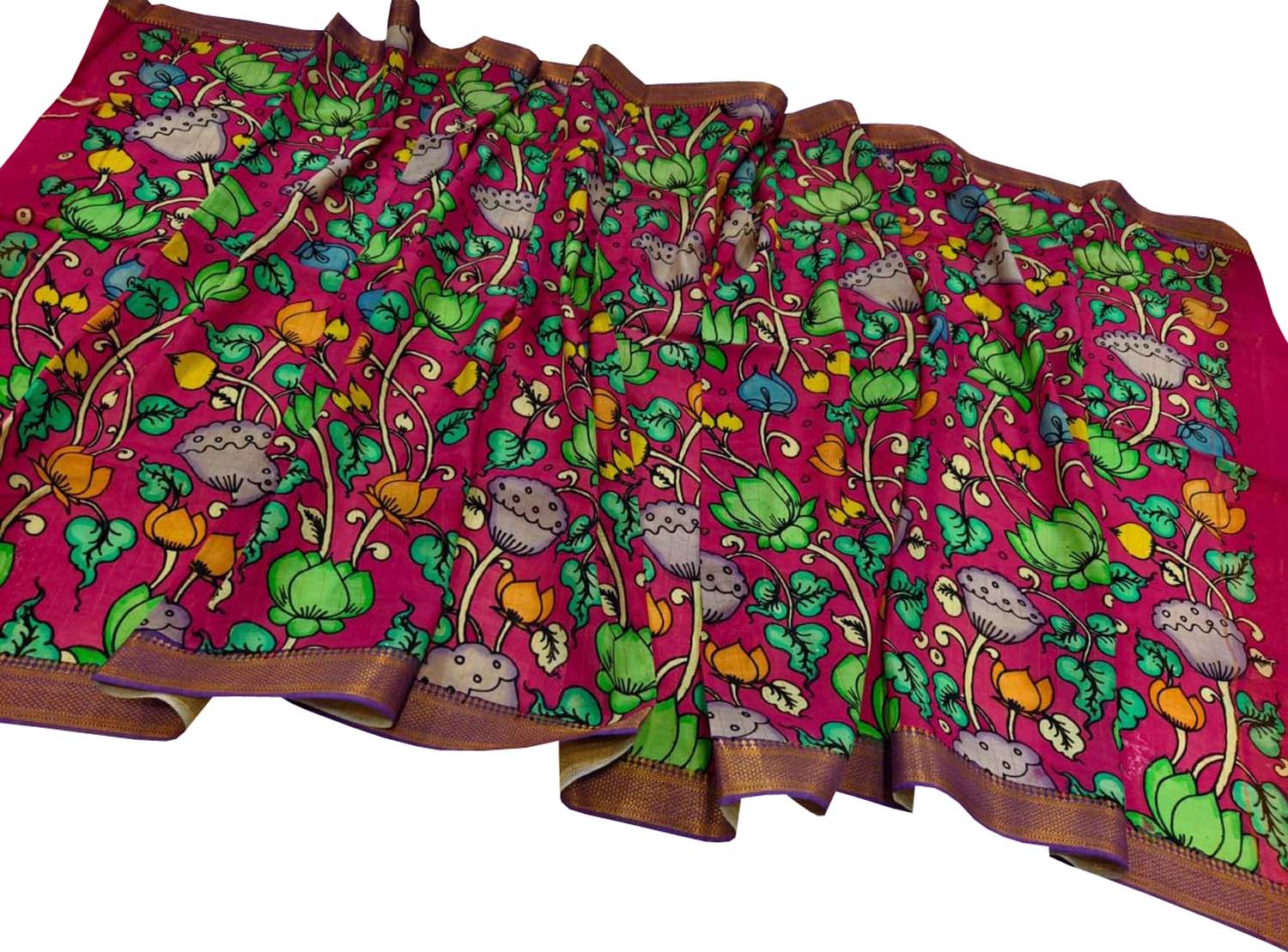 Pink Hand Painted Kalamkari Pure Bangalore Silk Dupatta - Luxurion World