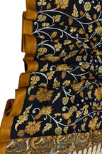 Black Hand Painted Kalamkari Pure Bangalore Silk Flower Design Dupatta - Luxurion World
