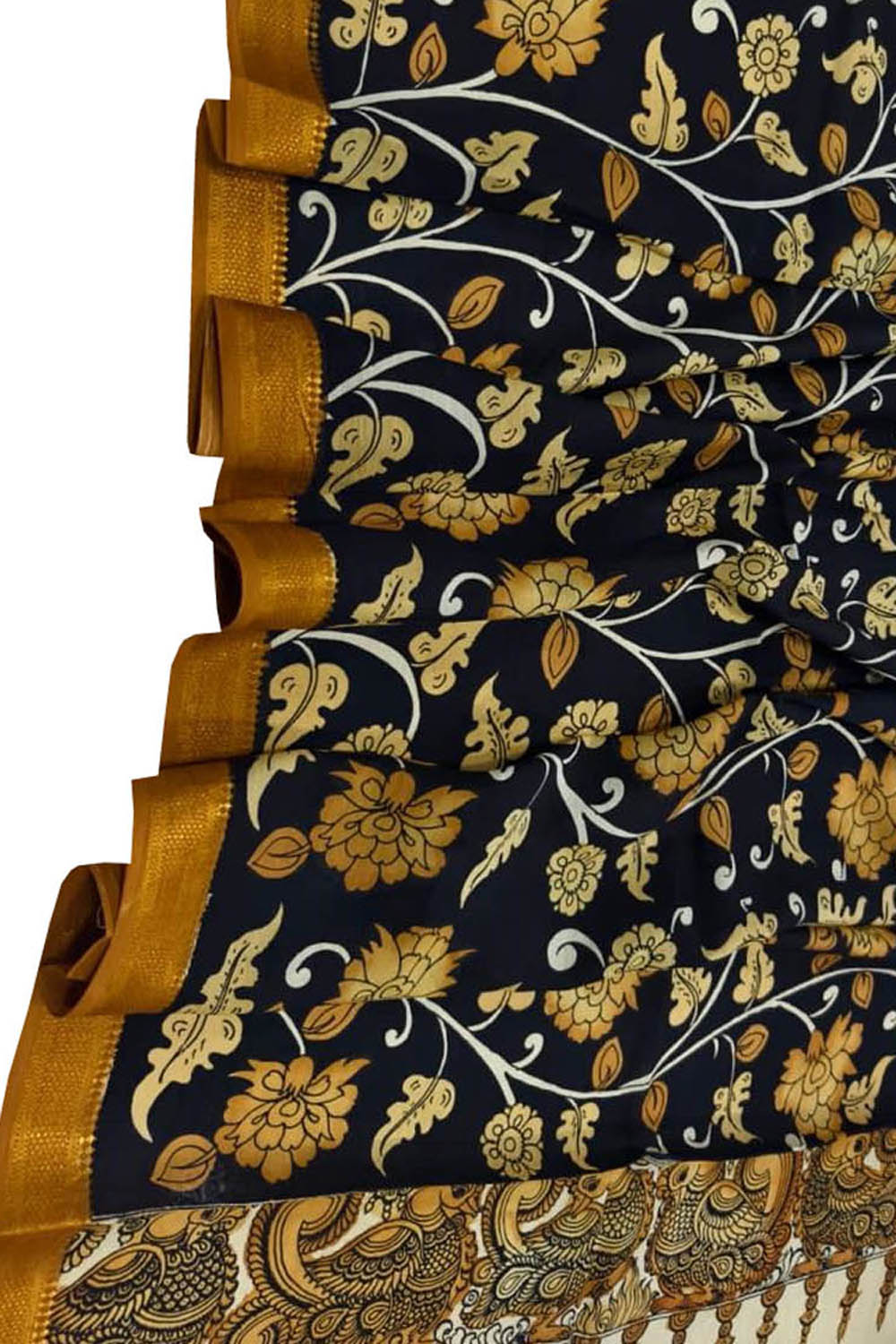 Black Hand Painted Kalamkari Pure Bangalore Silk Flower Design Dupatta - Luxurion World
