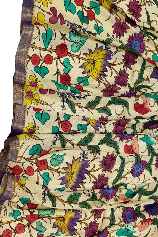 Pastel Hand Painted Kalamkari Pure Bangalore Silk Flower Design Dupatta - Luxurion World
