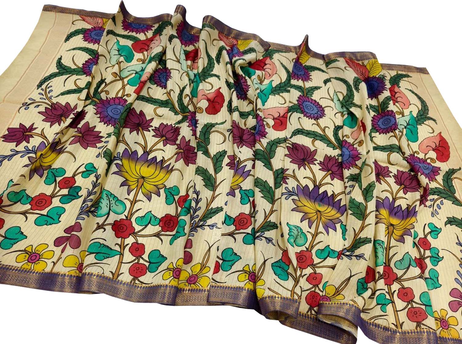 Pastel Hand Painted Kalamkari Pure Bangalore Silk Flower Design Dupatta - Luxurion World